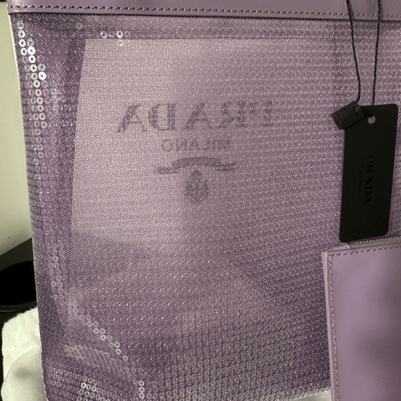 PRADA Logo Sequined Small Lily Tote Mesh Semi Transparent w Pouch Purple NWT NEW - Picture 7 of 7
